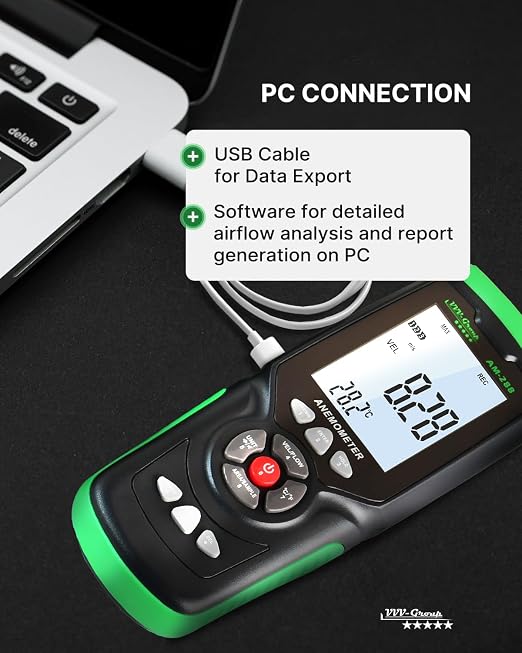 Hot Wire Anemometer AM-288 – HVAC Airflow Meter for Duct and Vent Testing, CFM/CMM Air Volume Calculation, Wind Speed & Temperature Measurement, Data Logging, USB PC Software