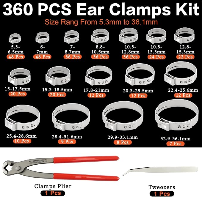 360Pcs Single Ear Hose Clamps Assortment Kit 304 Stainless Steel Cinch Crimp Hose Clamp 16 Size(5.3-36.1mm) Stepless Pinch Clamp with Tools for Plumbing/Garden/Automotive/Water Pipe/Radiator Pipe