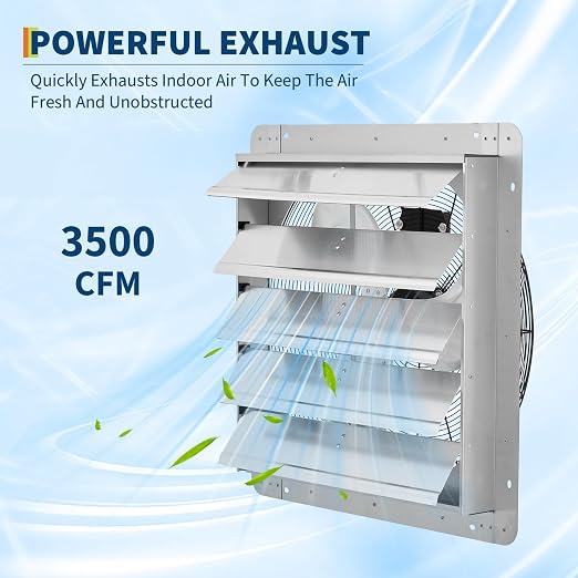 24" Shutter Exhaust Fan with 5 ft Power Cord, 3500 CFM 1500 RPM Quiet High-Speed Airflow with Automatic Shutter Wall Mount fan for Garage, Attic, Greenhouse, Shed Ventilation