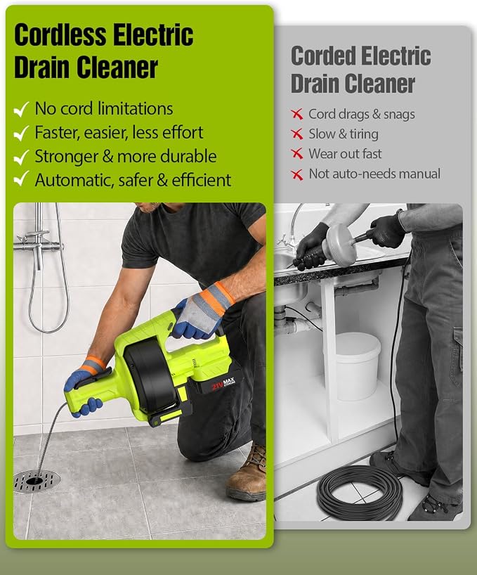 Ublue 21V Cordless Electric Drain Auger, 25Ft Auto Feed Drain Snake for Clog Remover with 2.0Ah Battery, Plumbing Snake for Sink Toilet Bathroom Shower Pipes 3/4"-2.95", Included Bag Gloves Rag