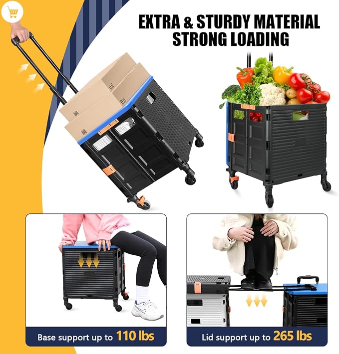 Foldable Utility Cart Collapsible Crate Rolling Carts Handcart Trolley Tool Box Basket 4 360°Noiseless Wheels Lid Telescoping Handle for Shop Grocery Luggage Move Office School Teacher (Blue)