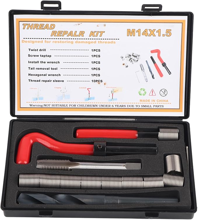 M14x1.5 Thread Repair Kit, 15 Pcs Portable Thread Chaser Set, Thread Metric Inserts Repair Kits, Compatible Hand Tool Set for Auto Repairing