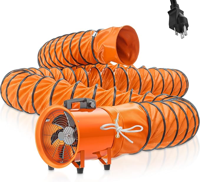 12 Inch Utility Blower Fan, 550W Portable Industrial Cylinder Axial Fan with 33Ft Duct Hose, 3243 RPM High-Velocity Air Extractor Fan Exhaust/Ventilation for Basement Workshop Warehouse Paint Booth