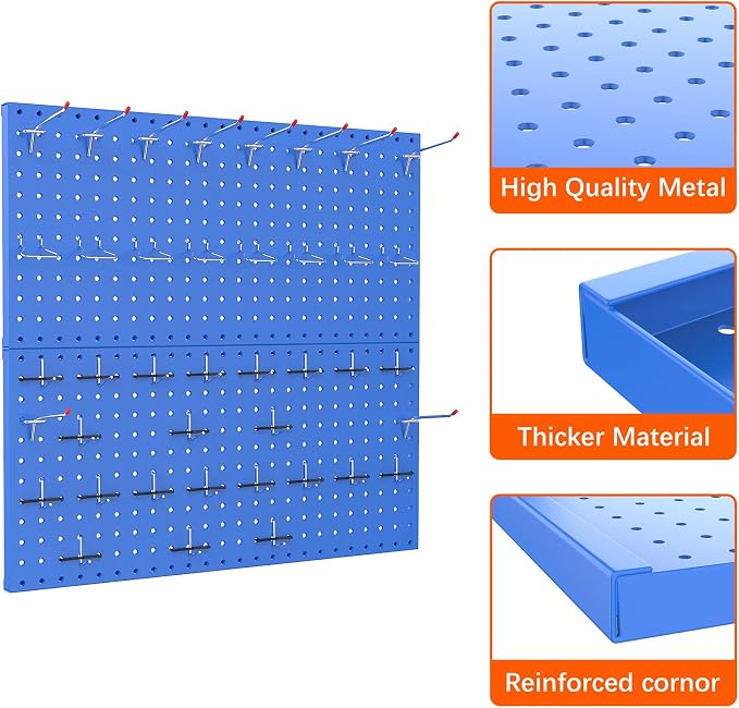 TORACK Metal Pegboard Wall Organizer 24" x 24" or 12" x 48", 70 PCS Tools Storage Pegboard for Garage Tool Organizer Pegboard with Peg Board Hooks for Workbench(Blue)