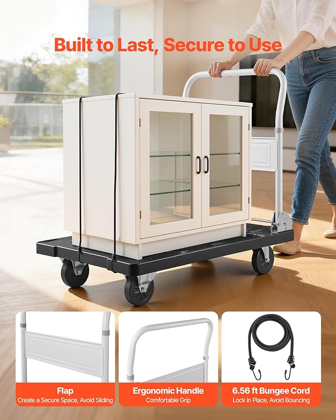 VEVOR Foldable Push Cart Dolly, 660 lbs Capacity, Folding Platform Truck with Swivel Wheels, Moving Platform Hand Truck Flatbed Cart, Space Saving Push Handle, for Easy Storage, 35.2 x 23.4 x 33.5 in
