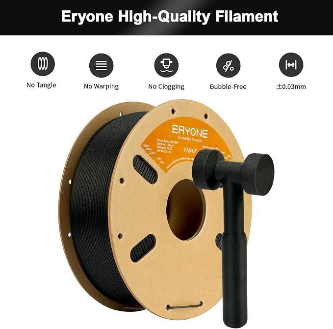 ERYONE Nylon 3D Printer Filament, Polyamide PA6 Glass Fiber Filament 1.75mm +/- 0.03mm, Stiff & Strong & Heat Resistant, 1kg (2.2LBS)/Spool, PA6 GF Black