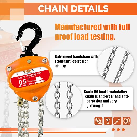 TKK 1/2 Ton Chain Hoist - 1100lbs Capacity, 10FT Manual Hand Chain Block with Heavy-Duty Hooks and Industrial-Grade Structures for Garages, Warehouses, Automotive, and Machinery Lifting