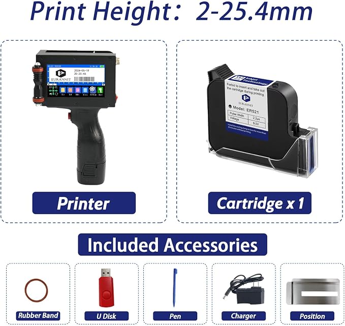 E16-1 Handheld Inkjet Printer, 1" Portable Smart Printer with ER521 Original Fast-Drying Ink, 360° Date Coder Printing Machine for Text/Barcode/Number/Image/Date Printer for Any Surface