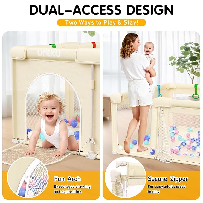 Baby Playpen Foldable Playpen for Babies and Toddlers, Large Playpens Portable Play Pen Play Yard for Kids Fence Indoor Outdoor Travel 4 Handlers 50 Balls Baby Gifts Essentials 50"X50" Beige