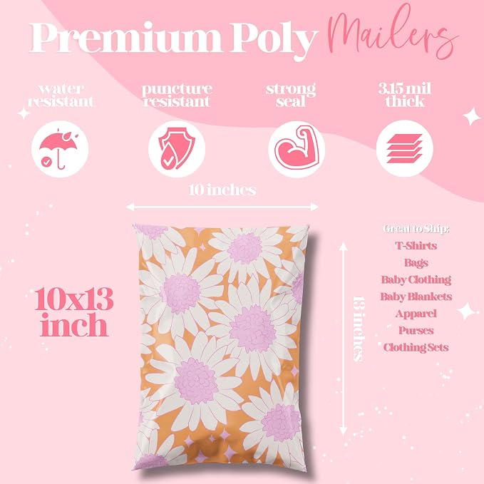 Pretty Package Store Poly Mailer 10x13, Pink Blooms Flowers, 100 Pack | Heavy Duty, Waterproof, Self Seal, Tear Resistant, Shipping Bags for Small Business Packaging, Bulk Mailing Envelopes