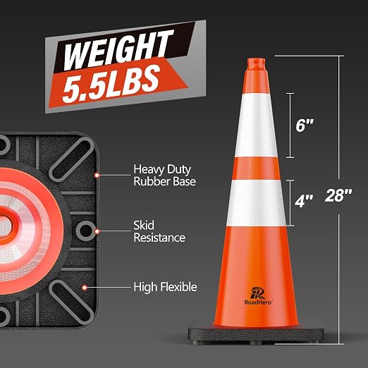 RoadHero 6 Pack 28 Inch 5.5 Lb Traffic Cones with Heavy Black Base, Orange Safety Cone with Reflective Collar for Parking Lot, Construction Work, Road Safety