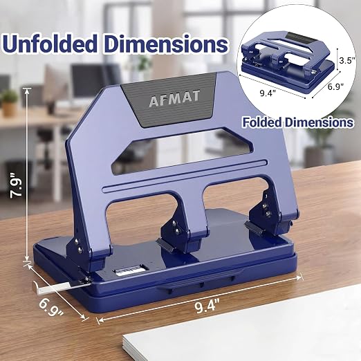 AFMAT 3 Hole Punch Heavy Duty, 40-Sheet Three Hole Puncher for Binder, 50% Reduced Effort Paper Punch, 10K+ Uses, Office Metal Hole Puncher 3 Ring w/Large Tray, Bulit-in S.S. Paper Guide, HPX2(Blue)