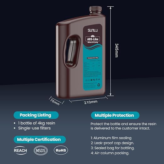 SUNLU 4000G ABS-Like 3D Printer Resin, 405nm UV Curing Photopolymer Rapid 3D Resin for 2K 4K 6K 8K LCD/DLP/SLA 3D Printers, Non-Brittle & High Precision & Low Shrinkage, Dark Grey 4KG