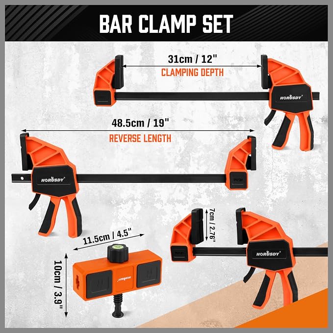 HORUDSY 3-Pack 12-Inch Bar Clamps Set with Leveling Block Clamps, Heavy Duty 350LBS Load, One-Handed Quick Grip Woodworking Clamps, Expandable Spreader with Connector