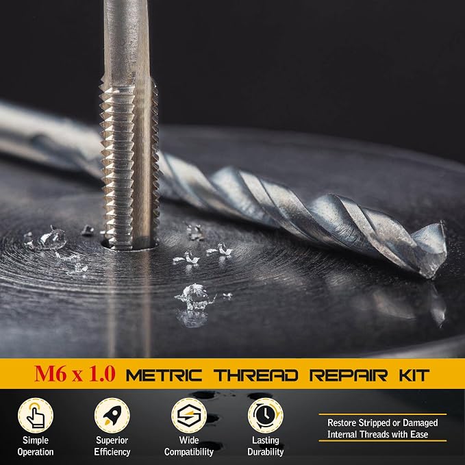 M6x1.0 Thread Repair Kit, Metric Helicoil Thread Repair Kit with HSS Drill and Stainless Inserts for All Metals, Composites, Polymers and Other Materials