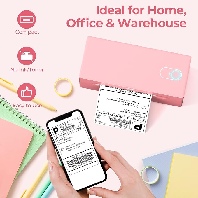 Nelko Bluetooth Thermal Shipping Label Printer, Wireless 4x6 Shipping Label Printer for Shipping Packages, Support Android, iPhone and Windows, Widely Used for Amazon, Shopify (Pink)