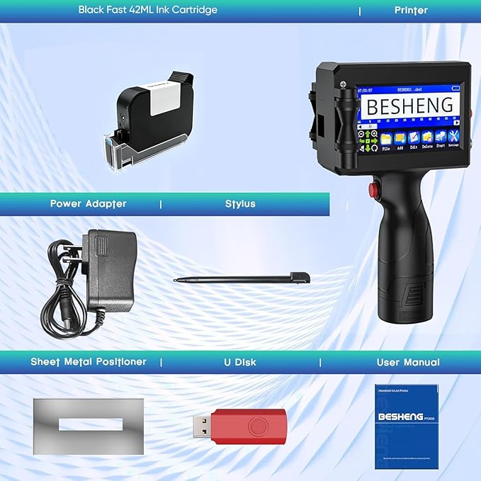 Handheld Inkjet Printer Gun PT3000 Printing Height 0.08-0.5Inch Inkjet Coder with Original Fast-Drying Ink for Text QRCode/Barcode/Batch Number/Label/Image/Date Printer with Touch Screen