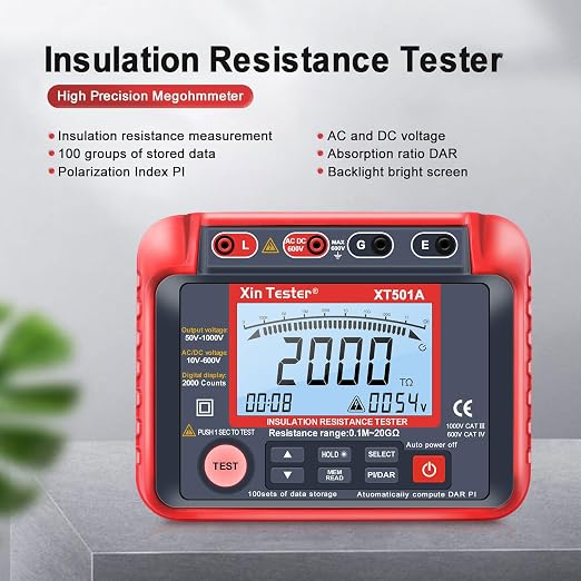 Xin Tester 1000V AC DC Megohmmeter Insulation Megger Tester, Auto Earth Ground Resistance Meter 50V/100V/250V/500V High Voltage 0.1MΩ-10GΩ Auto Ranging with LCD Display - XT501A