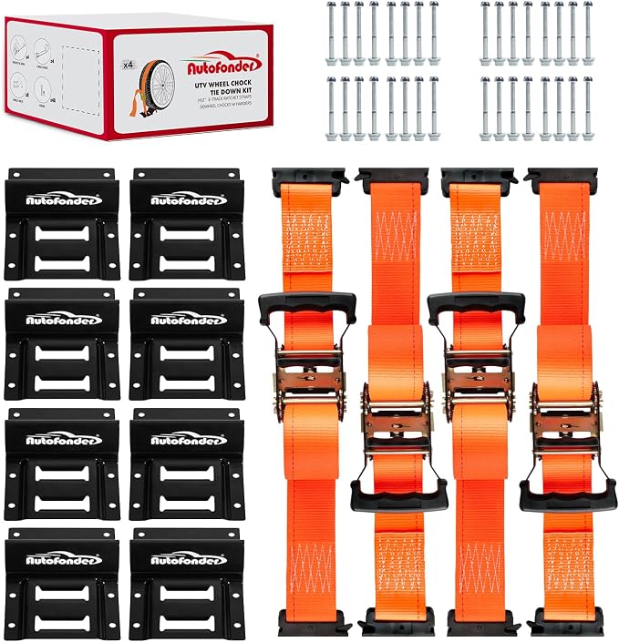 Wheel Chock Tie Down Kit (4500lb Break Strength) Heavy Duty Trailer Tire Straps System for ATV, UTV, Lawn Mower & More - Ratchet Tie Downs Accessories with E Track for Four Wheeler | 2"x9' E-track Ratchet Straps,8 Pack Steel Wheel Blocks,Compatible wit...