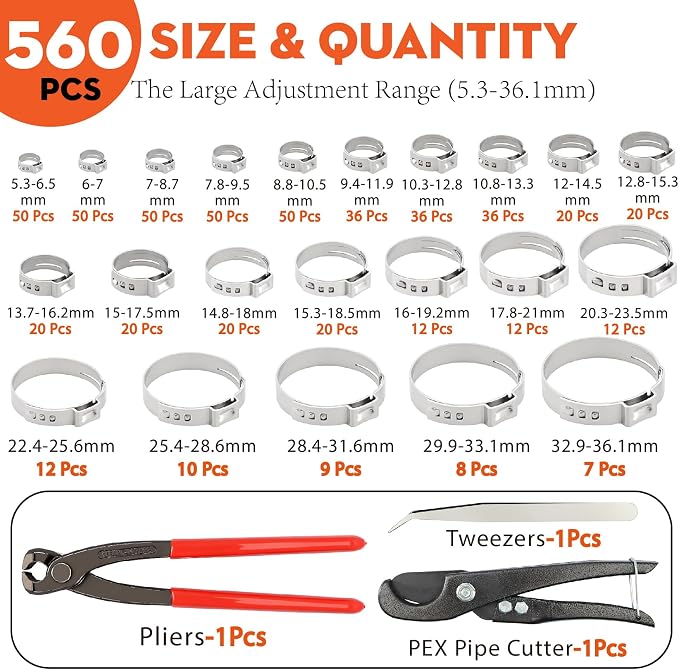 560PCS 304 Stainless Single Ear Hose Clamps Kit for PEX & Auto | 22 Sizes (5.3-36.1mm) with Pro Crimp Tool,360° Leak-Proof & Vibration-Resistant for Plumbing,Marine,and Fuel Lines