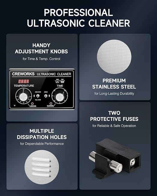 CREWORKS 3L Ultrasonic Cleaner with Degas & Gentle Modes, 120W Stainless Steel Ultrasonic Cleaner Machine with Heater and Timer, Ultrasonic Parts Cleaner with Knob Control for Jewelry Glasses Watch