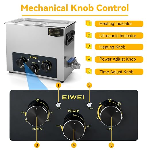 6L Ultrasonic Cleaner Professional Power-Adjustable Knob Jewelry Cleaning Machine with Heater Timer for Carburetor, Jewelry, Glasses, Dentures, Circuit Boards, Automotive Parts