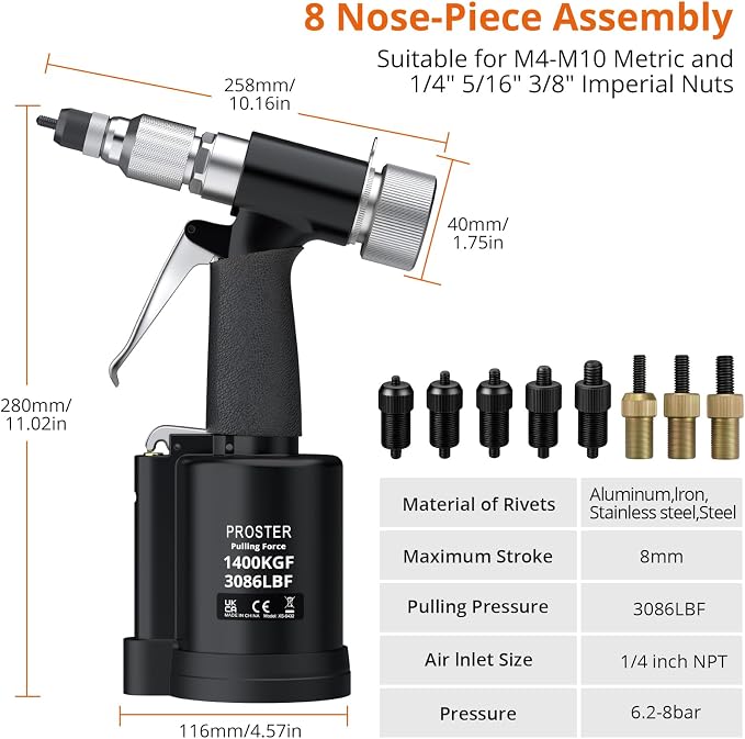 Proster Pneumatic Hydraulic Rivet Nut Set - 3086LBF Heavy-Duty Riveters Setting Kit for M4 M5 M6 M8 M10 1/4" 5/16" 3/8" Nuts with Storage Case (Black)