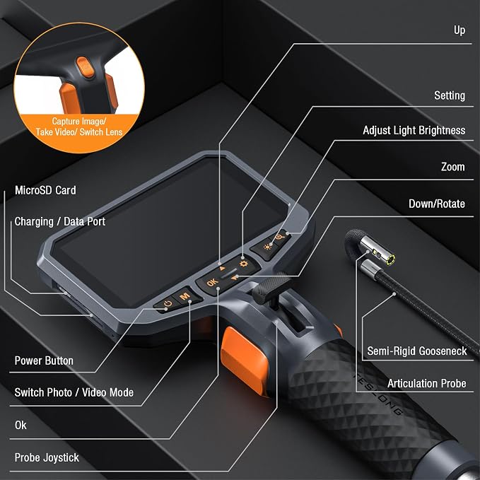 Articulating Borescope with Dual Lens Endoscope Camera, Teslong Two-Way Articulated Industrial Inspection Camera with LED Light, Flexible Mechanic Fiber Optic Snake Scope Cam for Wall Automotive-5FT | for Mechanic Automotive HVAC Wall Inspection, 1.0MP...