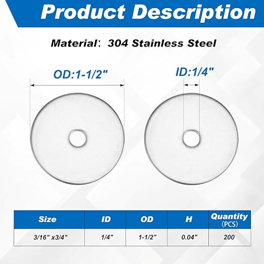 Hotop 100 Pieces Stainless Steel Fender Washers 18-8 Stainless Steel Flat Washer (1/4" X 1-1/2")