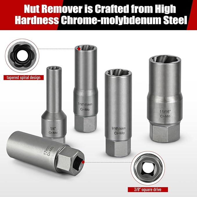 11pcs Bolt Extractor Kit, Stripped Bolt Extractor Set, Deep Long Easy Out Set, Lug Nut Remover Socket Tool for Studs, Damaged, Frozen, Rusted, Rounded-Off Bolts, Nuts
