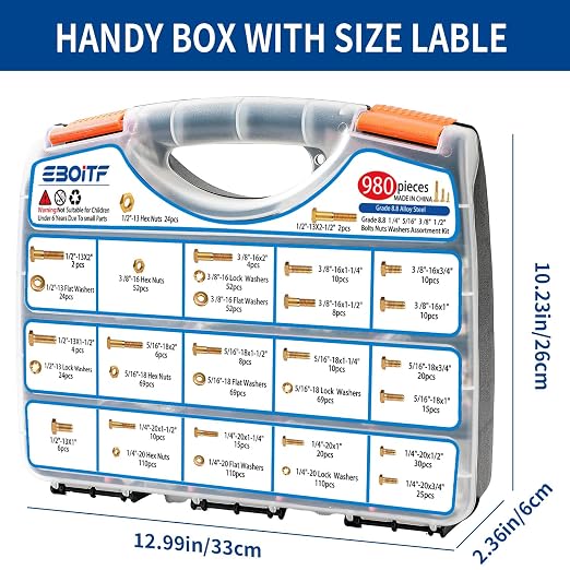 980cs Grade 8 SAE Bolts and Nuts Assortment Kit, 1/4-20, 5/16-18, 3/8-16, 1/2-13 Heavy Duty Hex Bolts and Nuts Kit, Assorted Nuts, Bolts, Flat & Lock Washers, Yellow Zinc Plated, Length from 1/2"-2"