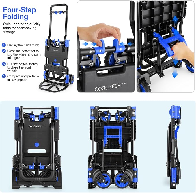 2-in-1Hand Truck Dolly Foldable with Folding Basket, 330LB Folding Hand Truck Heavy Duty Carrying, Combination of 4 Wheels and 2 Wheels Convertible Dolly Cart with Retractable Handle Dolly for Moving