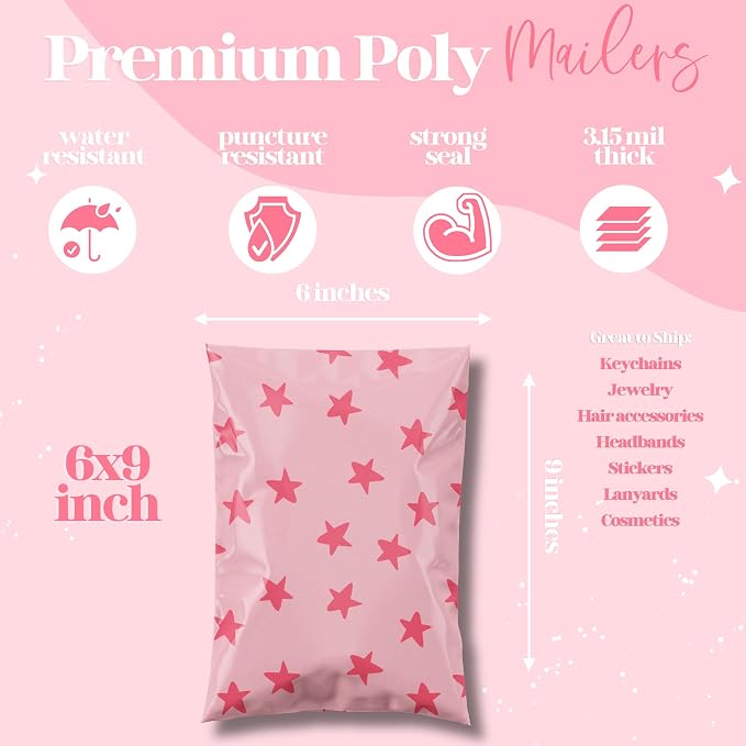 Pretty Package Store Poly Mailer 6x9, Pink Seeing Stars, 100 Pack | Heavy Duty, Waterproof, Self Seal, Tear Resistant, Shipping Bags for Small Business Packaging, Bulk Mailing Envelopes