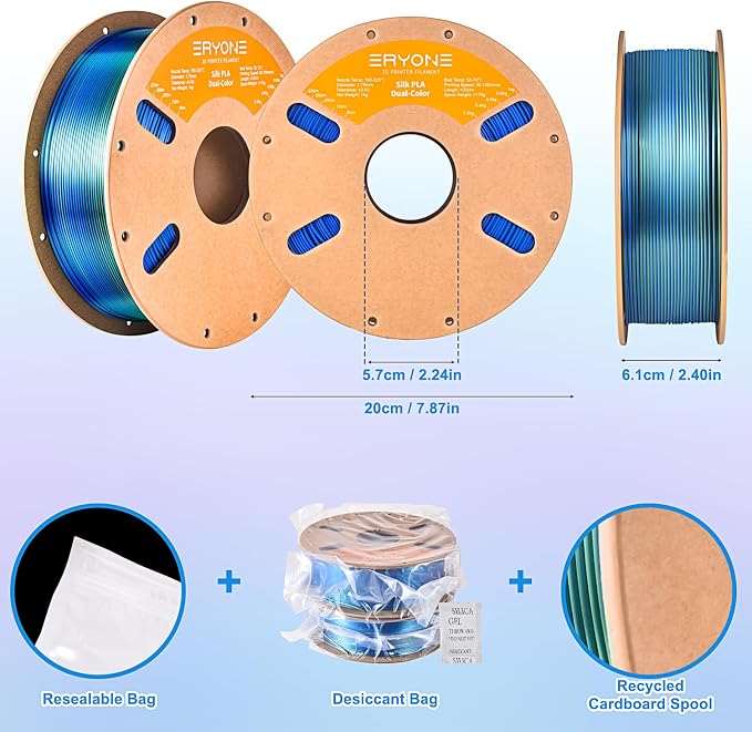 ERYONE Silk Dual Color PLA Filament 3D Printer 1.75mm +/- 0.03mm, Bicolor Filament Two Tone PLA Bundle 2KG Cardboard Spool, Blue Green
