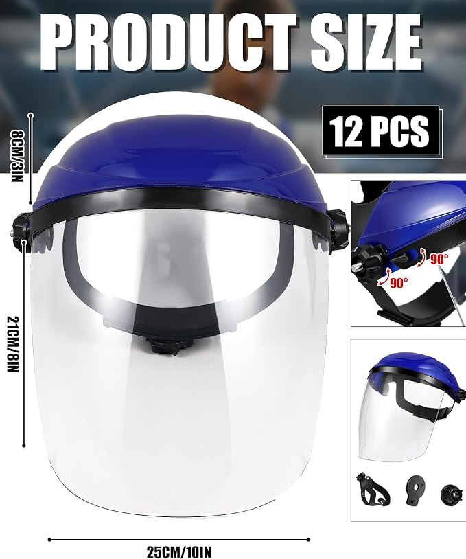 Tellegloww 12 Pack Safety Face Shield for Grinding and Cutting, Full Impact Resistant Face Shield Mask for Work Chemical Woodworking (Blue)