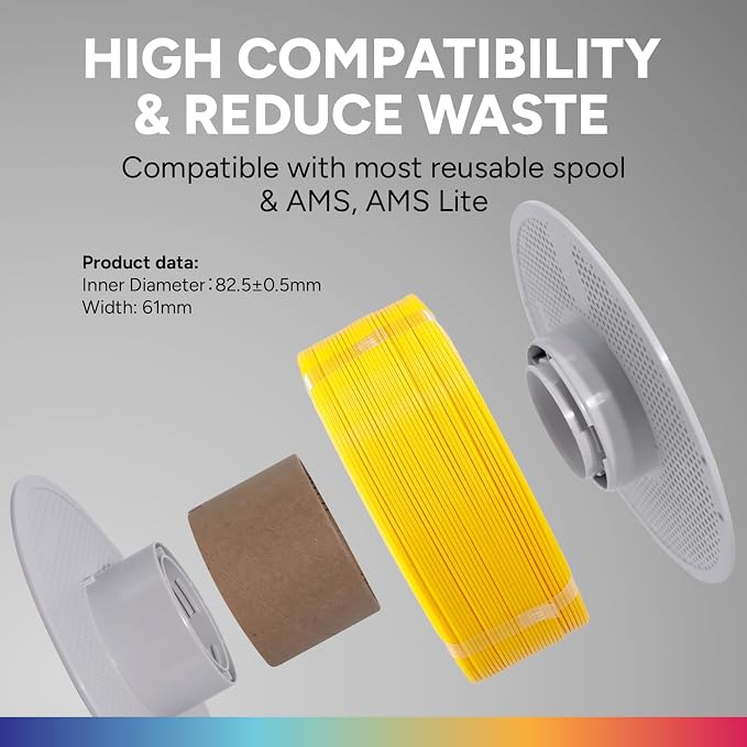 OVERTURE Refill PETG 1.75mm Spoolless 3D Printer Filament, 1kg (2.2lb) Refilament for Bambu Lab Reusable Spool, Accuracy +/- 0.02 mm, Fit Most FDM 3D Printers(Yellow)