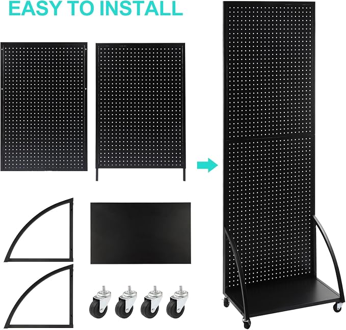NectaCol 2'x 6' Metal Pegboard Display Stand with a Plate, Peg Board Panels, Standing Pegboard Display, Craft Fair Display Rack, Art Display Stand, Extra 10 pieces Hooks-Black