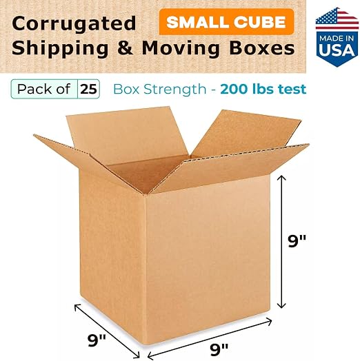 Small Cube Moving & Shipping Boxes 9"L x 9"W x 9"H (25-Pack) - Extra Strength 200 lb vs Regular - USA-Made Corrugated Packing Boxes for USPS/UPS/FEDEX - Moving Box - Small Packing Box by IDL Packaging