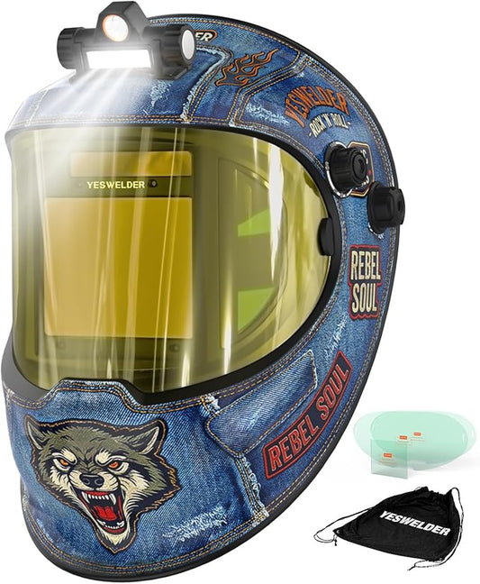 YESWELDER Auto Darkening Welding Helmet with SIDE VIEW and LED, 180° Panoramic View, 1/1/1/1 True Color Solar Powered Welder Hood, Wide Shade 3/5-9/9-13 Welder Mask for TIG MIG ARC CUT and GRIND