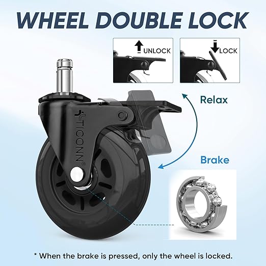 TICONN Office Chair Caster Wheels Set of 5 for Tile, Hardwood Floors and Carpets, Universal Fit for Most Chairs (Black with Brake)