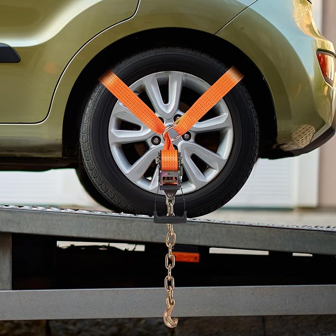VEVOR Car Tie Down with Chain Anchors, Lasso Style 2"×120" Tire Straps, 5865 LBS Working Load, 11023 LBS Breaking Strength, with Heavy Duty Ratchets for Passenger Car, ATV, SUV, UTV, Truck, 4-Pack