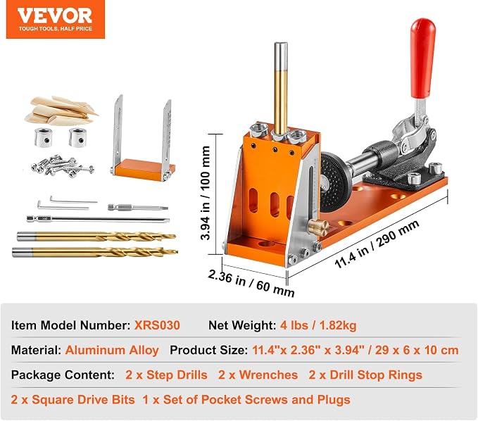 VEVOR Pocket Hole Jig Kit, Easy-to-Use for Wood Projects, Comes with Step Drills, Stop Collars, Hex Keys & Driver Bits, Features Dual Scales for DIY Woodworking