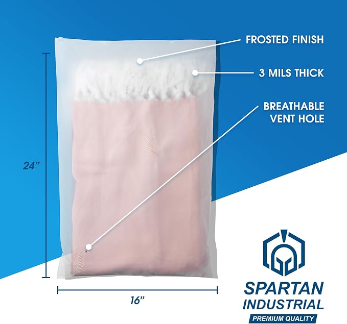 Spartan Industrial - 16" X 24" (100 Count) 3 Mil Frosted Zipper Bags With Vent Hole - Extra Large Plastic Bags for Packaging Multiple Jackets, Linens, Wigs