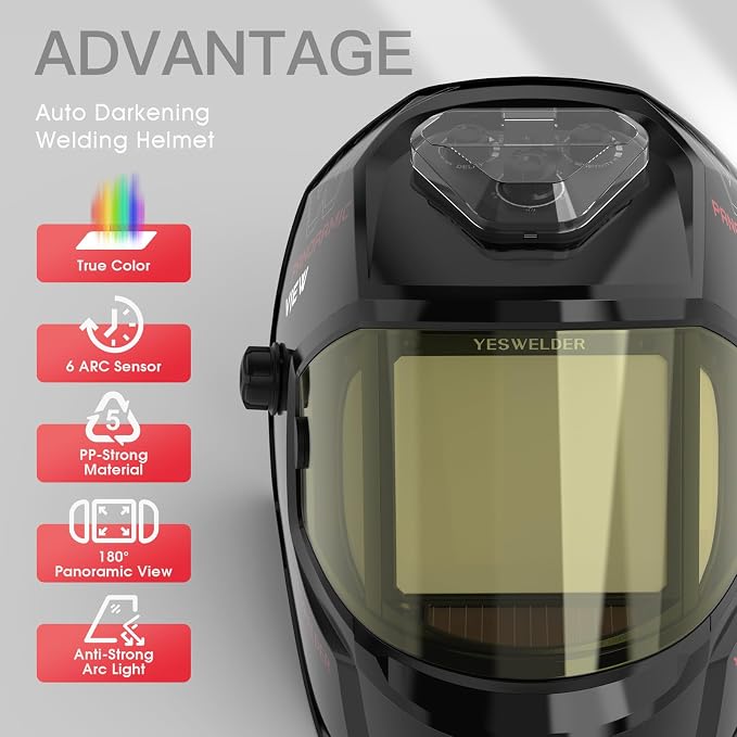 YESWELDER Panoramic Three Sides Auto Darkening Welding Helmet with 6 Arc Sensors, Blue Light Blocking, 1/1/1/1 True Color, Type-C Charging, Wide Shade for TIG MIG ARC Cut Grind Welder Hood Mask