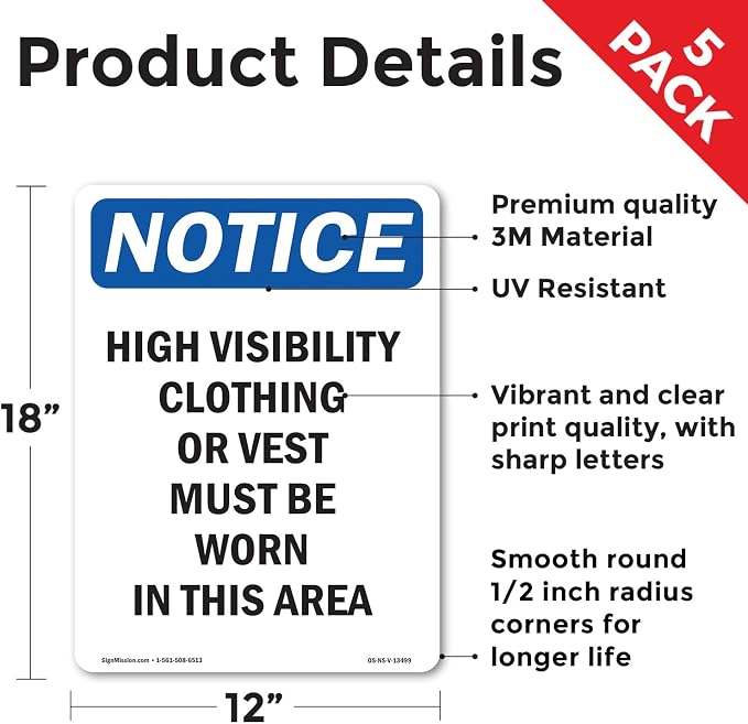 High Visibility Clothing Or Vest OSHA Notice Vinyl Decal Label 18 Inch x 12 Inch - 5 Pack
