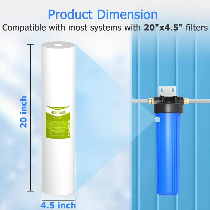 5 Micron 20" x 4.5" Whole House Sediment Filter Cartridge | Melt Blown Polypropylene, High Dirt-Holding Capacity, Fits Standard 20" x 4.5" Big Blue Housings, 6 Pack