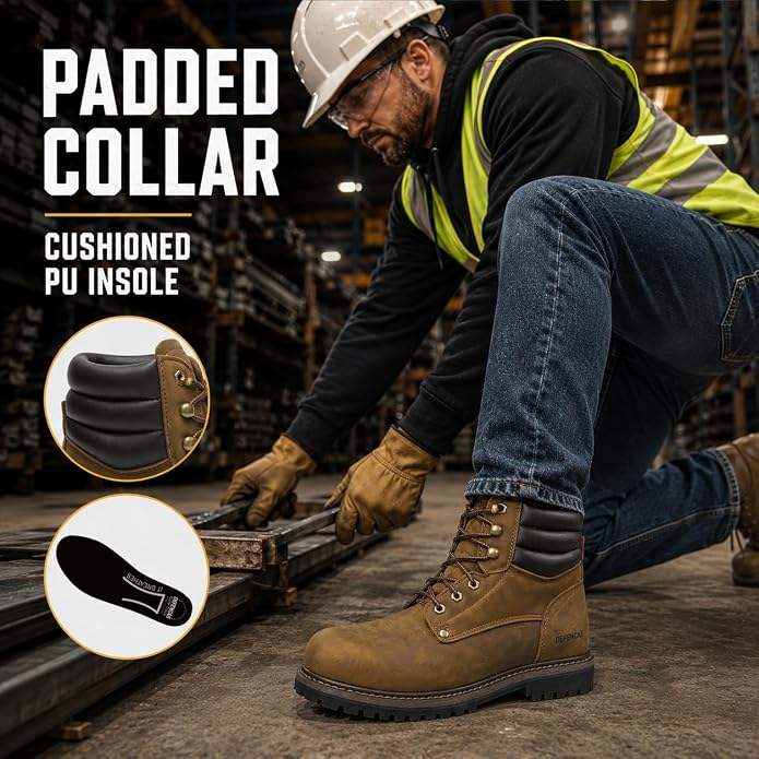 Men's 6" Leather Steel Toe Work Boots for Men, Oil/Slip Resistant Rubber Sole, Men's Safety Construction Boots. 84710