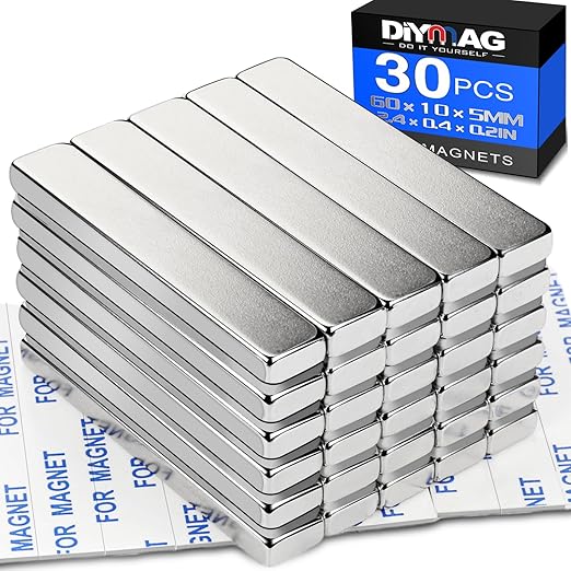DIYMAG Neodymium Strong Magnets，30 Pcs Magnet Strip for Fridge Craft Silver | 60x10x5 mm Heavy Duty Rare Earth Magnetic Tape with Adhesive Backing on Shower Door Refrigerator Whiteboard Cabinet