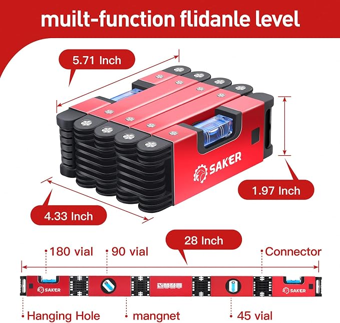 Saker Multi-function Foldable Level, 28-Inch Level Tool,Gift for Father Him Her,Multi-Angle Measurement Woodworking Tool,Precise Leveling In Any Position,Folding Level Tool To Save Your Time