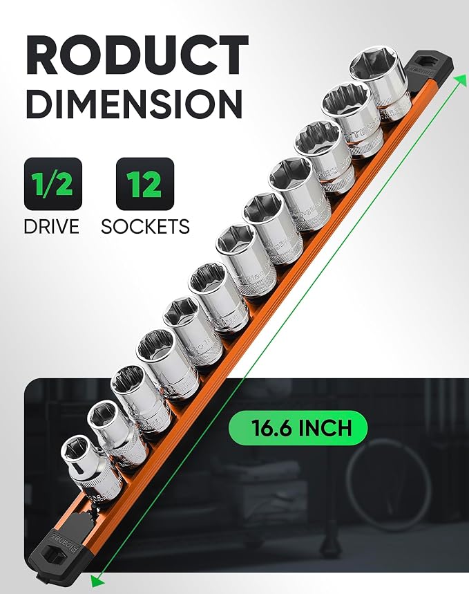 ALOANES Magnetic Socket Organizer Set, 1/2-Inch Drive Heavy Duty Aluminum Socket Rail Organizer, 360° Swivel Clips Socket Holder Kit for Toolbox Drawer Fit 1/2-Inch x 12 Clips (Orange, 1PC)
